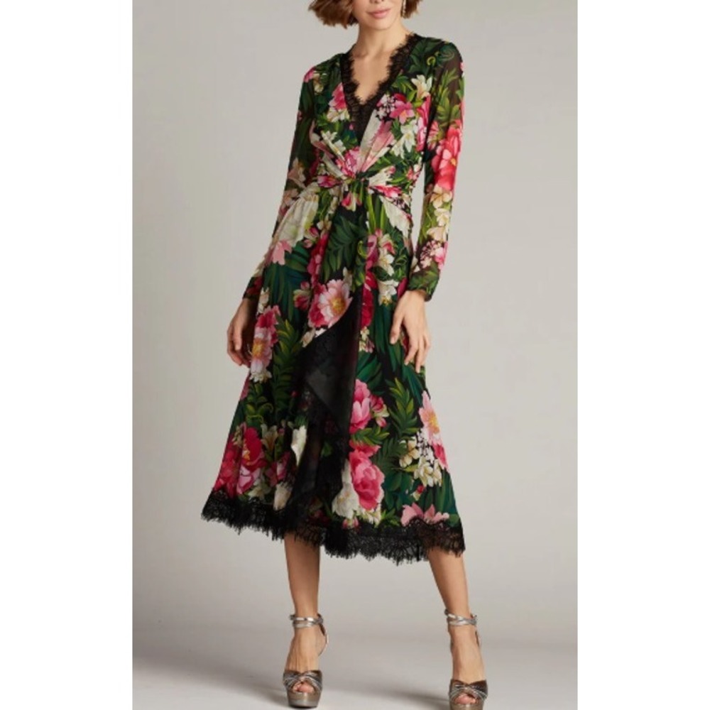 NWT Tadashi Shoji Floral Twist Lace Midi Dress Black Pink BSZ21071MD Size 12